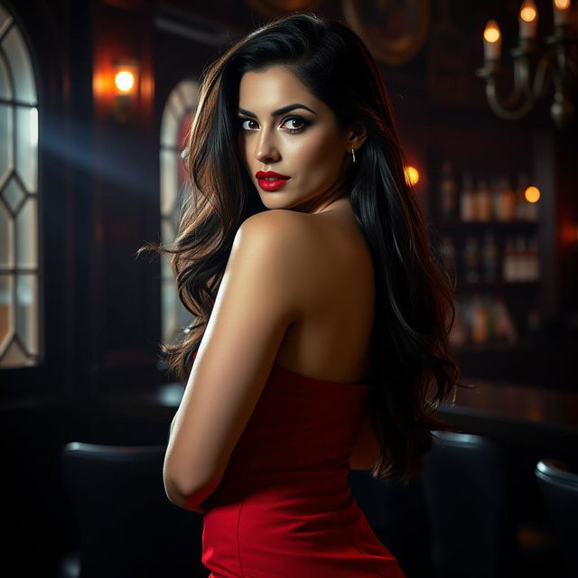 A seductive and alluring woman with flowing dark hair, wearing a stylish and form-fitting red dress that accentuates her curves