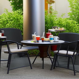 An outdoor scene featuring a table laden with tea, coffee, and fast food items, surrounded by empty chairs hinting towards a casual chit-chat environment.