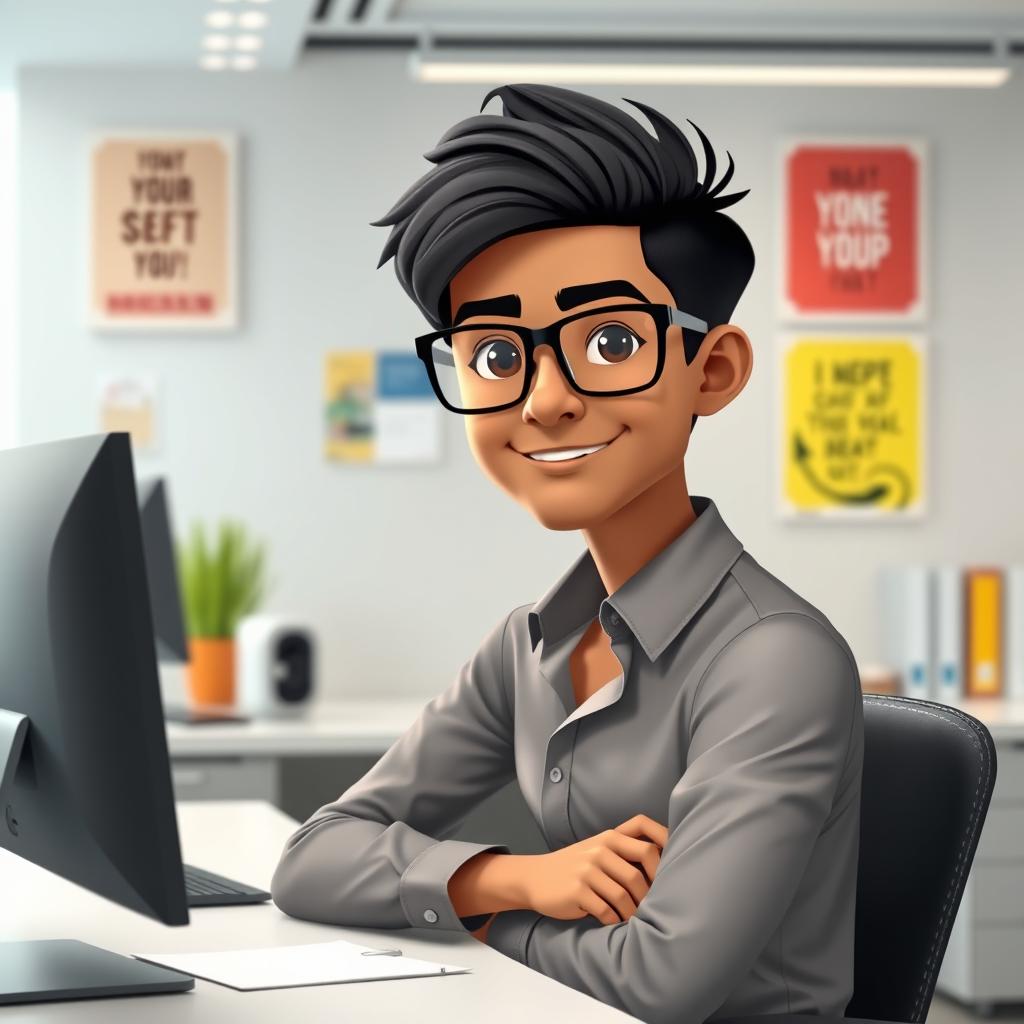 An animated image of a 25-year-old Indian youth with dark hair, wearing stylish black opaque glasses, sitting confidently at a modern office desk