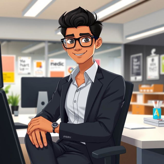 An animated image of a 25-year-old Indian youth with dark hair, wearing stylish black opaque glasses, sitting confidently at a modern office desk