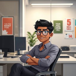 An animated image of a 25-year-old Indian youth with dark hair, wearing stylish black opaque glasses, sitting confidently at a modern office desk