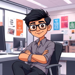 An animated image of a 25-year-old Indian youth with dark hair, wearing stylish black opaque glasses, sitting confidently at a modern office desk