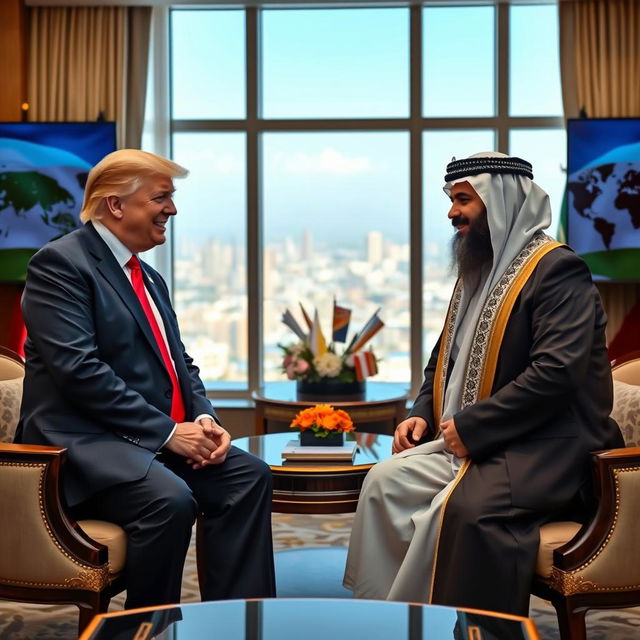 A vibrant political meeting between Donald Trump and Muhammed Rizwan, set in a luxurious conference room