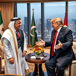 A vibrant political meeting between Donald Trump and Muhammed Rizwan, set in a luxurious conference room