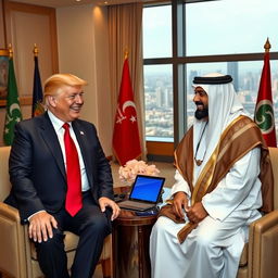 A vibrant political meeting between Donald Trump and Muhammed Rizwan, set in a luxurious conference room