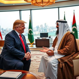 A vibrant political meeting between Donald Trump and Muhammed Rizwan, set in a luxurious conference room