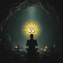 A mystical cave setting, dimly lit, filled with shadows cast by various religious statues and symbols, such as crosses, crescent moons, and stars