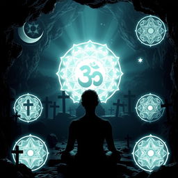 A mystical cave setting, dimly lit, filled with shadows cast by various religious statues and symbols, such as crosses, crescent moons, and stars