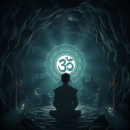 A mystical cave setting, dimly lit, filled with shadows cast by various religious statues and symbols, such as crosses, crescent moons, and stars