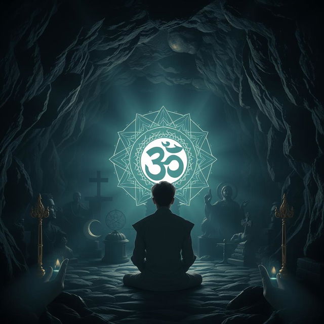 A mystical cave setting, dimly lit, filled with shadows cast by various religious statues and symbols, such as crosses, crescent moons, and stars