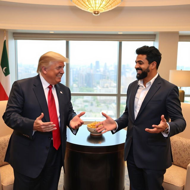 A lively and engaging meeting between Donald Trump and Babar Azam, set in an elegant conference room