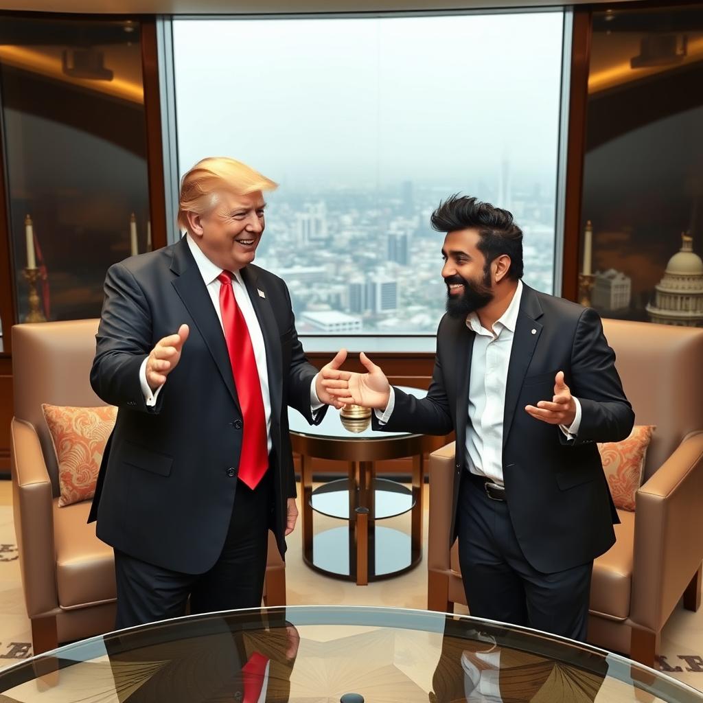 A lively and engaging meeting between Donald Trump and Babar Azam, set in an elegant conference room