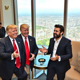 A lively and engaging meeting between Donald Trump and Babar Azam, set in an elegant conference room