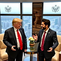 A lively and engaging meeting between Donald Trump and Babar Azam, set in an elegant conference room