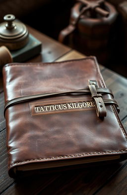 A rustic leather journal featuring a weathered cover with the name 'TACTICUS KILGORE' embossed elegantly on the front