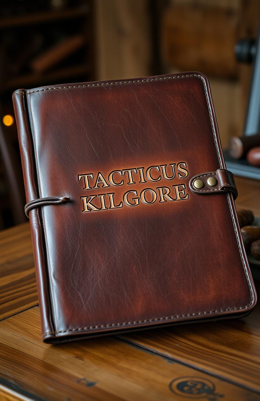 A rustic leather journal featuring a weathered cover with the name 'TACTICUS KILGORE' embossed elegantly on the front