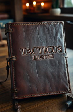 A rustic leather journal featuring a weathered cover with the name 'TACTICUS KILGORE' embossed elegantly on the front