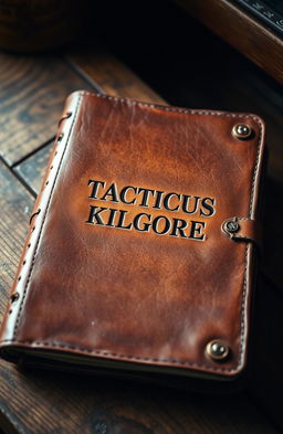 A rustic leather journal featuring a weathered cover with the name 'TACTICUS KILGORE' embossed elegantly on the front