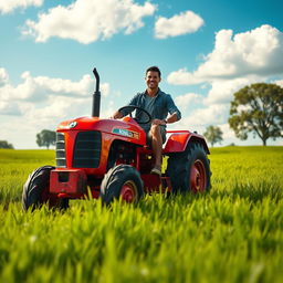 A realistic, high-energy scene depicting a famous football player, resembling Cristiano Ronaldo, riding a bright red tractor on a lush green field