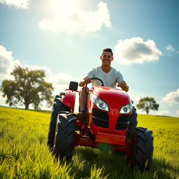 A realistic, high-energy scene depicting a famous football player, resembling Cristiano Ronaldo, riding a bright red tractor on a lush green field