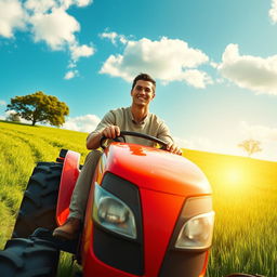 A realistic, high-energy scene depicting a famous football player, resembling Cristiano Ronaldo, riding a bright red tractor on a lush green field