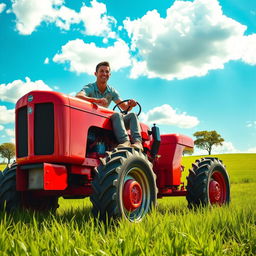 A realistic, high-energy scene depicting a famous football player, resembling Cristiano Ronaldo, riding a bright red tractor on a lush green field