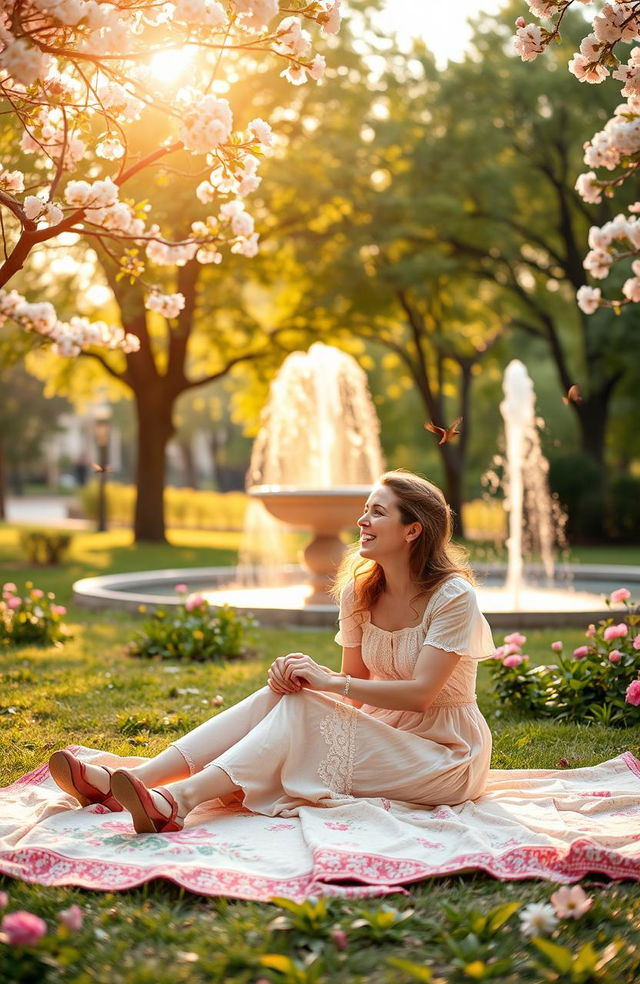 A warm, nostalgic scene capturing the essence of love, featuring a sunlit park with lush green trees and blooming flowers in soft pastel colors