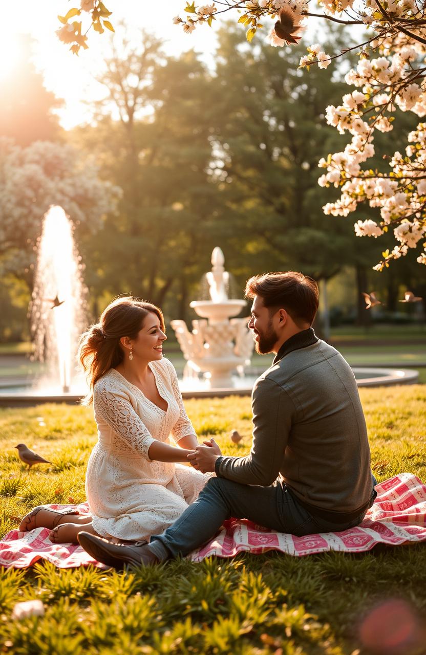 A warm, nostalgic scene capturing the essence of love, featuring a sunlit park with lush green trees and blooming flowers in soft pastel colors