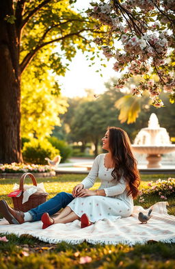 A warm, nostalgic scene capturing the essence of love, featuring a sunlit park with lush green trees and blooming flowers in soft pastel colors