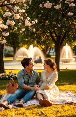 A warm, nostalgic scene capturing the essence of love, featuring a sunlit park with lush green trees and blooming flowers in soft pastel colors