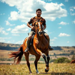 A stunning portrait of a well-known football player, resembling Lionel Messi, confidently riding a majestic brown horse through an open field