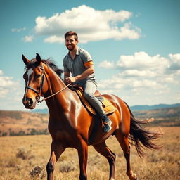 A stunning portrait of a well-known football player, resembling Lionel Messi, confidently riding a majestic brown horse through an open field
