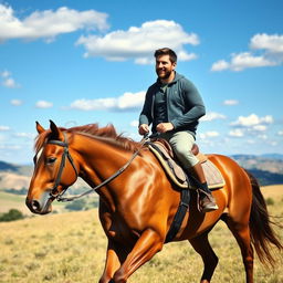 A stunning portrait of a well-known football player, resembling Lionel Messi, confidently riding a majestic brown horse through an open field