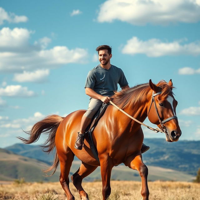 A stunning portrait of a well-known football player, resembling Lionel Messi, confidently riding a majestic brown horse through an open field