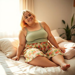 A chubby blonde woman sitting on a bed, dressed in a soft green singlet and a colorful floral skirt