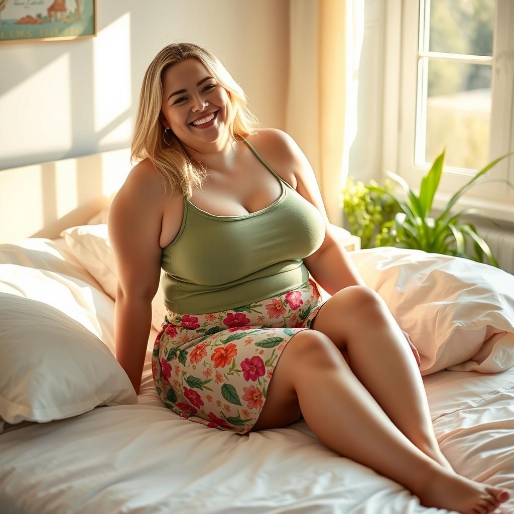 A chubby blonde woman sitting on a bed, dressed in a soft green singlet and a colorful floral skirt