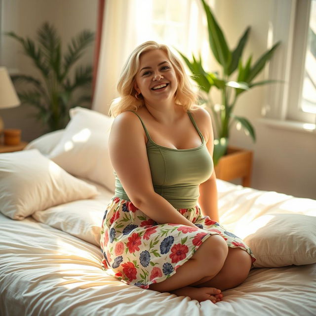 A chubby blonde woman sitting on a bed, dressed in a soft green singlet and a colorful floral skirt