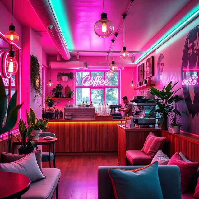 A cozy coffee shop interior adorned with vibrant neon lights in calming pastel colors