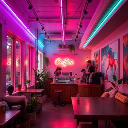 A cozy coffee shop interior adorned with vibrant neon lights in calming pastel colors