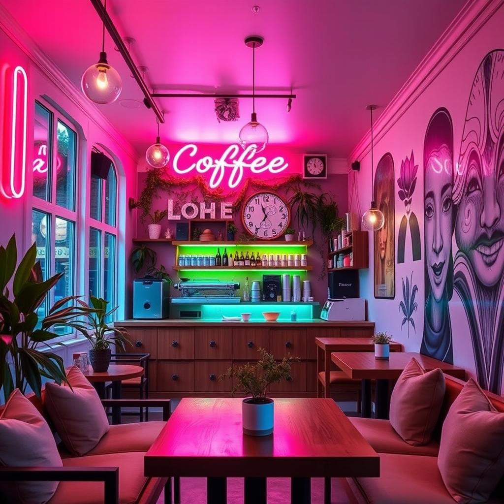 A cozy coffee shop interior adorned with vibrant neon lights in calming pastel colors