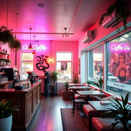A cozy coffee shop interior adorned with vibrant neon lights in calming pastel colors