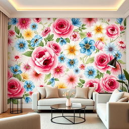 A beautifully designed interior space featuring a floral-themed wall paint, bursting with vibrant colors and intricate flower patterns