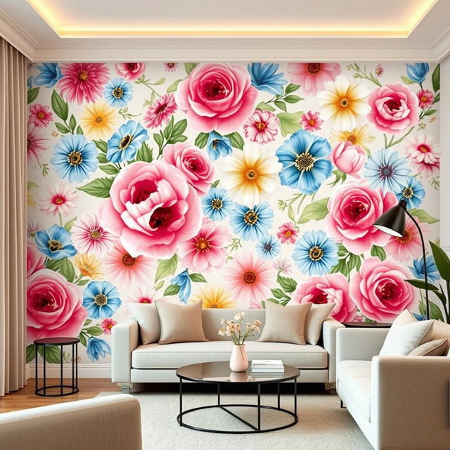 A beautifully designed interior space featuring a floral-themed wall paint, bursting with vibrant colors and intricate flower patterns