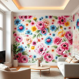 A beautifully designed interior space featuring a floral-themed wall paint, bursting with vibrant colors and intricate flower patterns
