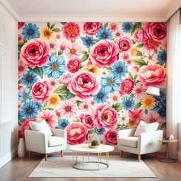 A beautifully designed interior space featuring a floral-themed wall paint, bursting with vibrant colors and intricate flower patterns