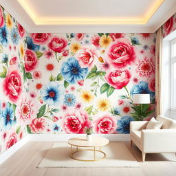 A beautifully designed interior space featuring a floral-themed wall paint, bursting with vibrant colors and intricate flower patterns