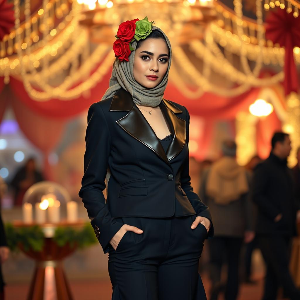 A 24-year-old woman dressed in a stylish black suit with a leather collar, the jacket extending to her hips