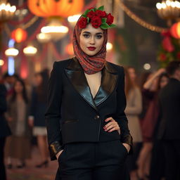 A 24-year-old woman dressed in a stylish black suit with a leather collar, the jacket extending to her hips
