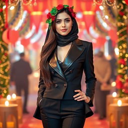 A 24-year-old woman dressed in a stylish black suit with a leather collar, the jacket extending to her hips
