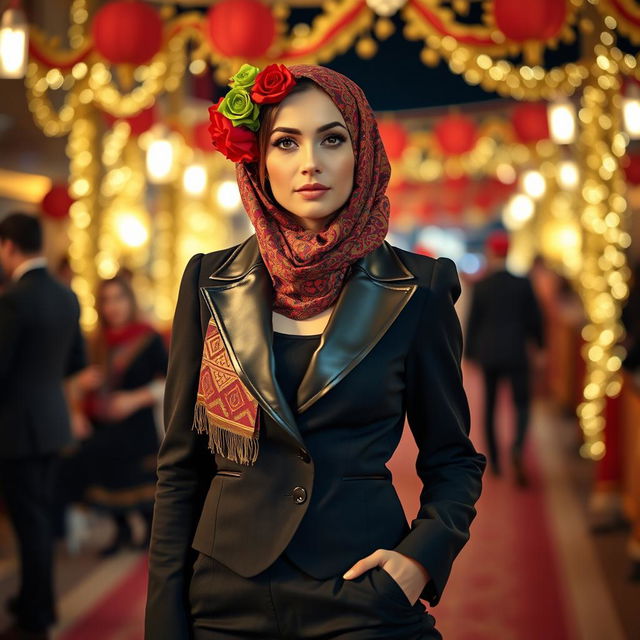 A 24-year-old woman dressed in a stylish black suit with a leather collar, the jacket extending to her hips